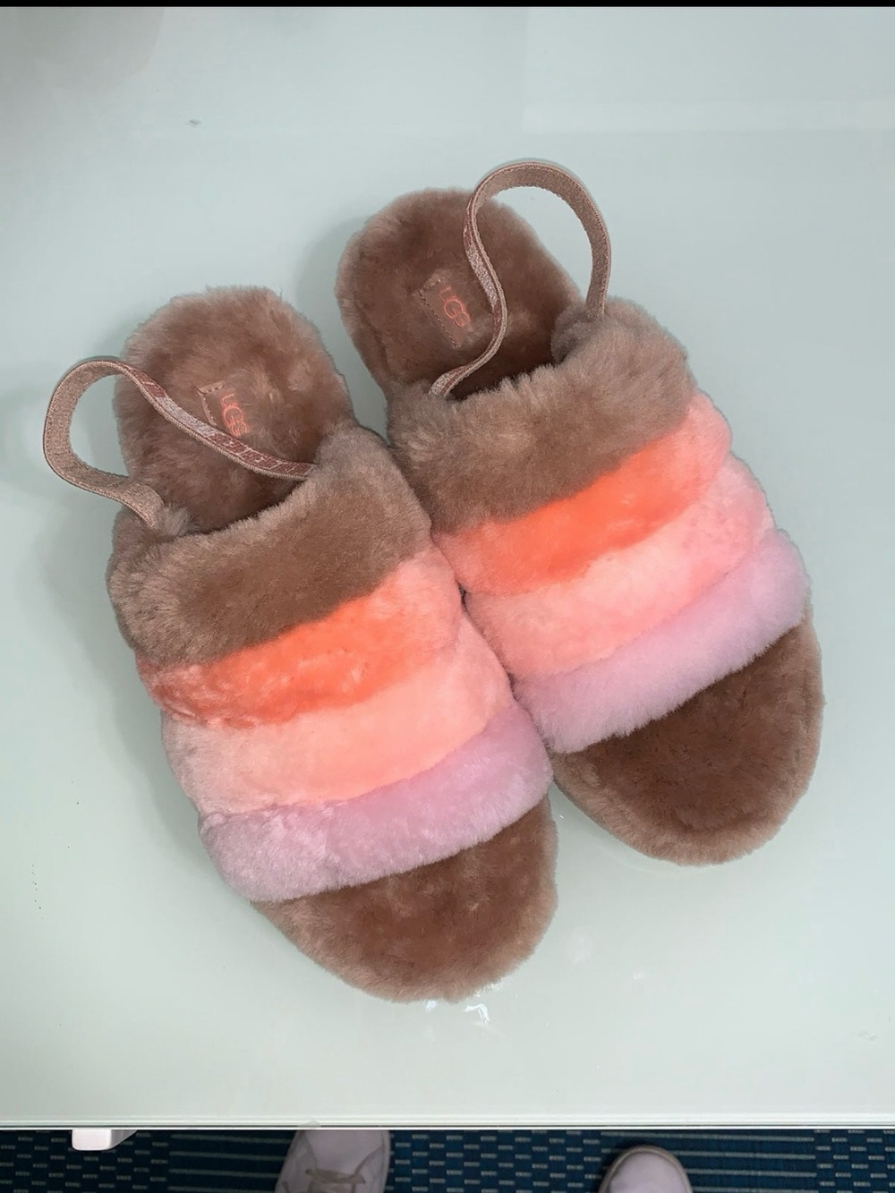 UGG Plush Shearling Slide in Light Brown with Coral Logo